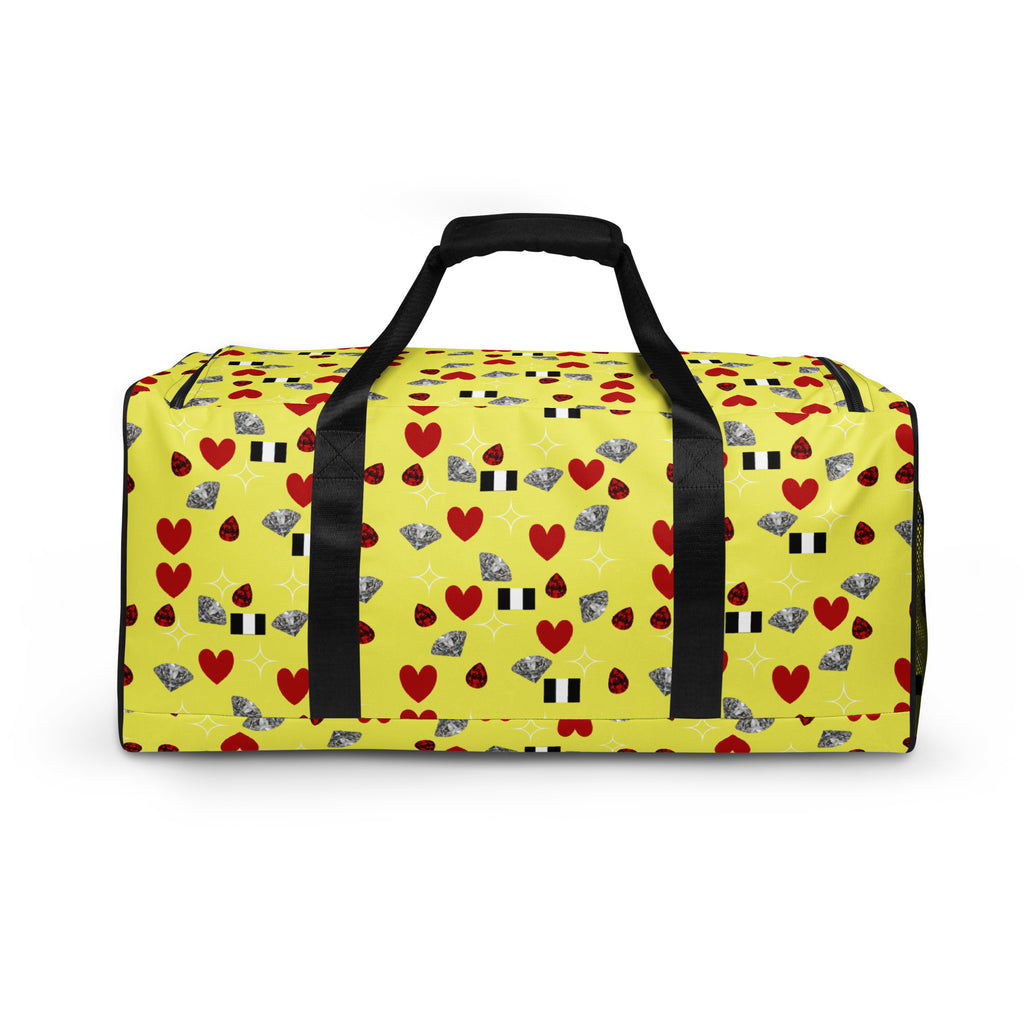 Daemon Luxury Foreigners Luv Solar Butter all-over-print duffle bag with white background and vibrant design.