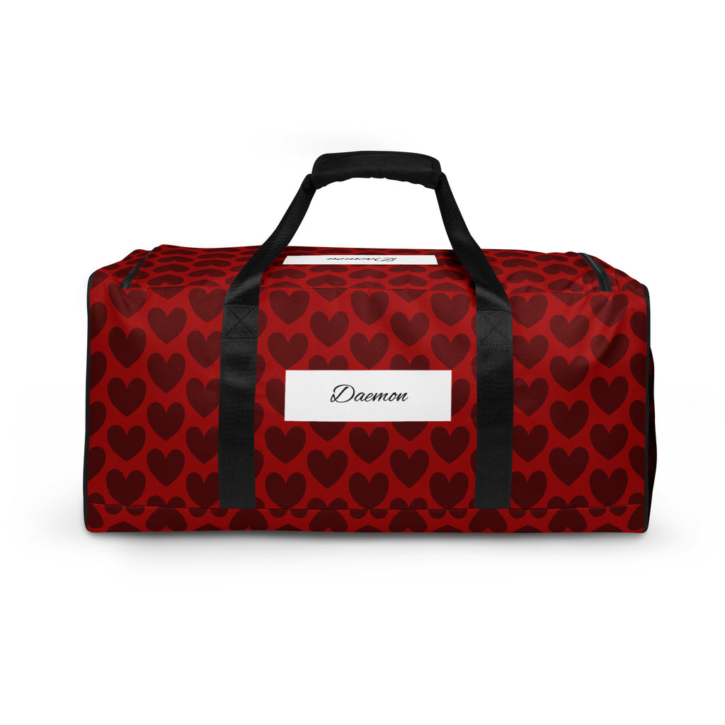 Heartfelt white label Borsone duffle bag by Daemon Luxury with all-over print and white back, stylish and spacious travel bag