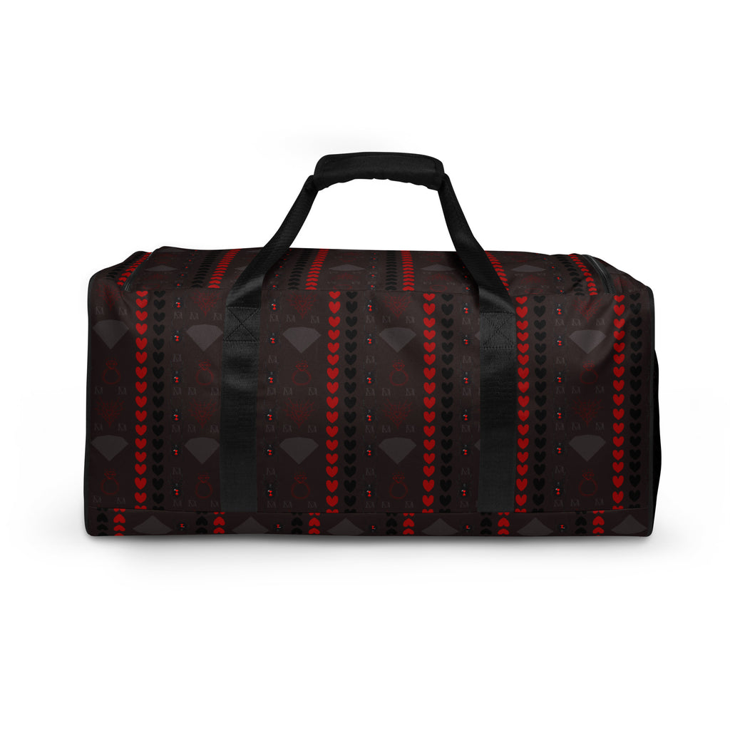 Daemon Luxury Supreme Models More Less Love white all-over-print duffle bag with bold graphic design and sturdy handles.