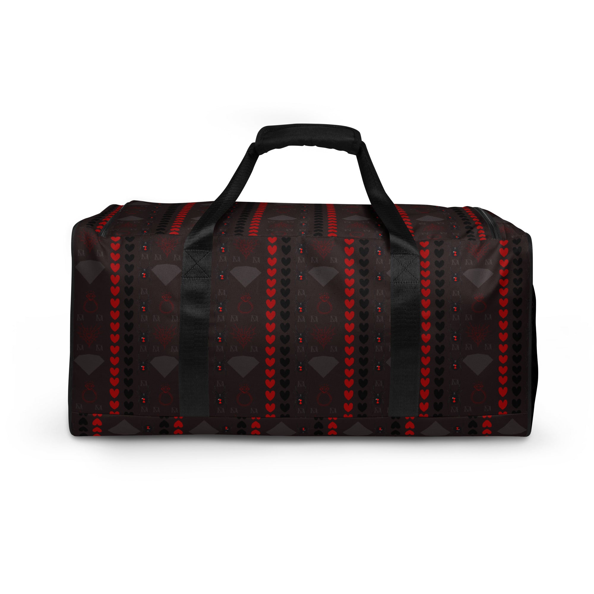 Daemon Luxury Supreme Models More Less Love white all-over-print duffle bag with bold graphic design and sturdy handles.