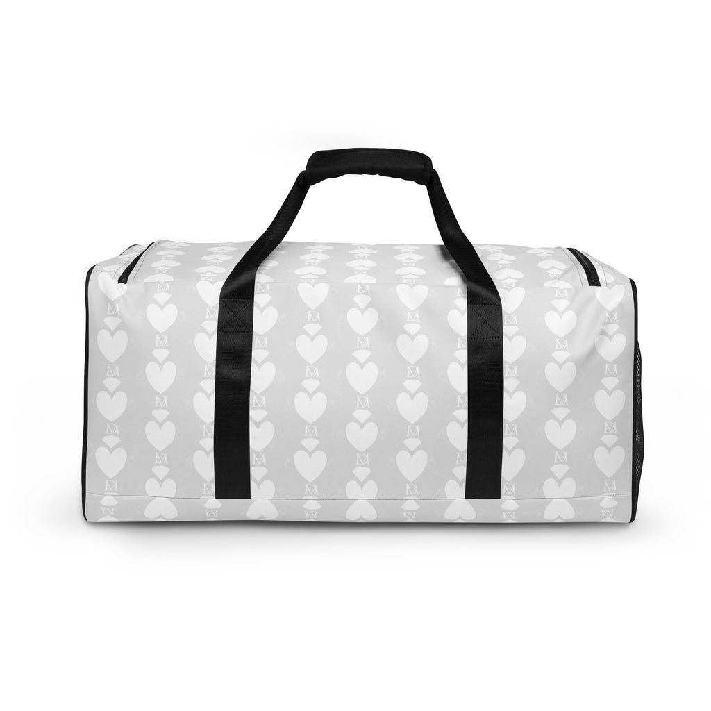 White all-over-print daffle bag featuring frosted heartfelt sunless design by Daemon Luxury, with sturdy handles and spacious interior.