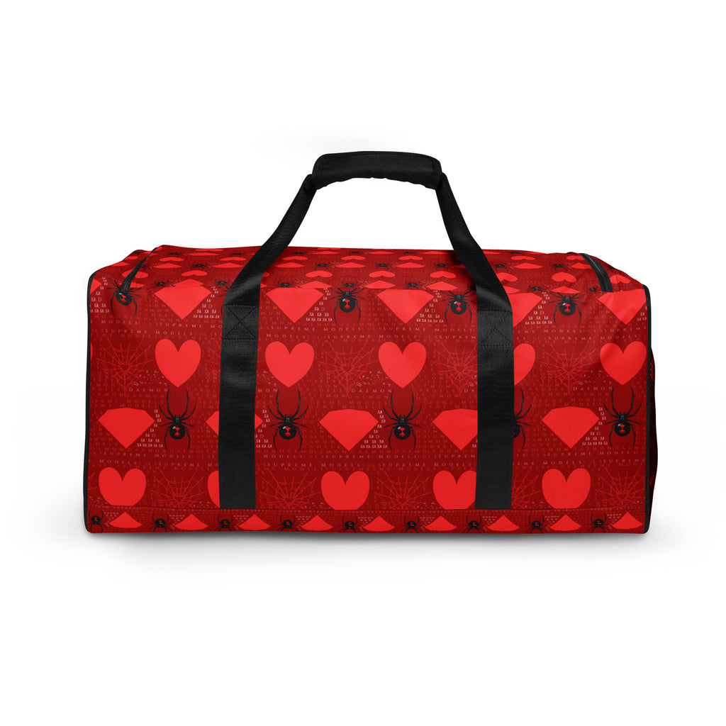 Daemon Luxury Supreme Models (Foreigners Luv) borsone duffle bag with all-over print in white, showcasing its spacious design and stylish pattern.