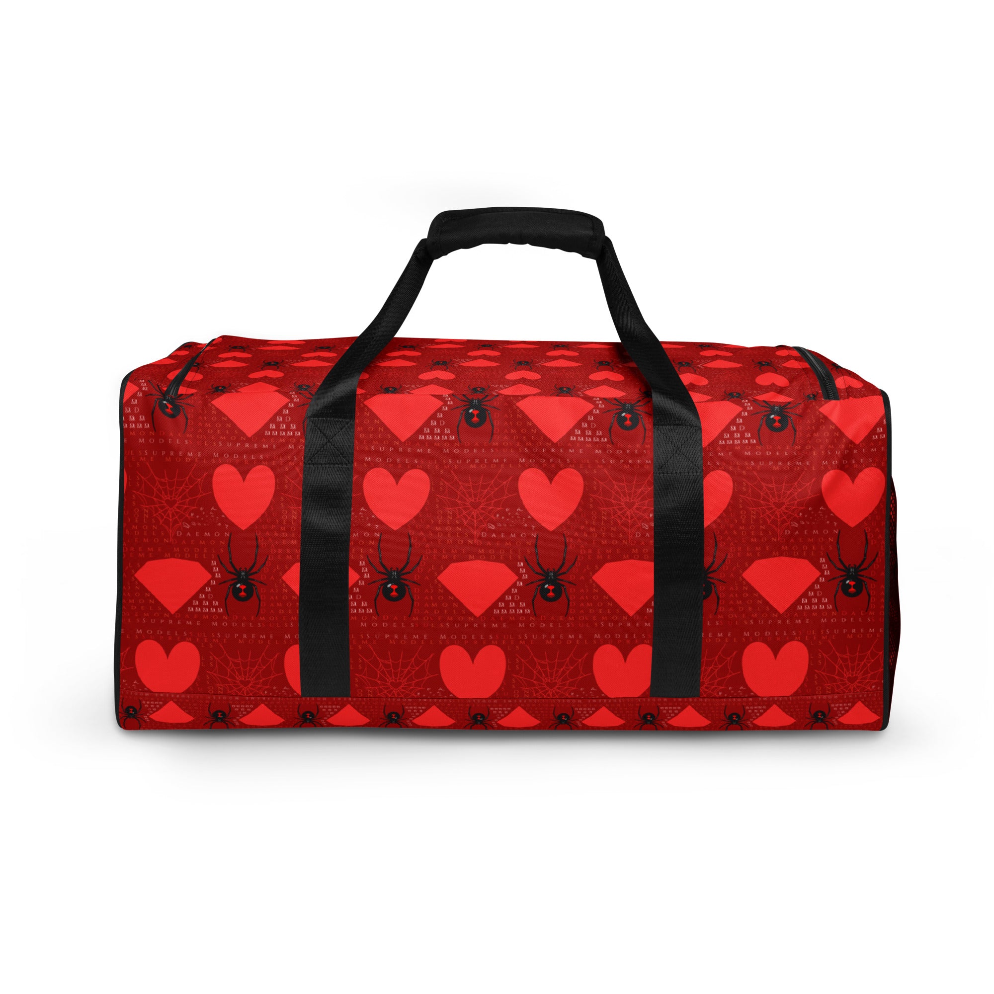 Daemon Luxury Supreme Models (Foreigners Luv) borsone duffle bag with all-over print in white, showcasing its spacious design and stylish pattern.