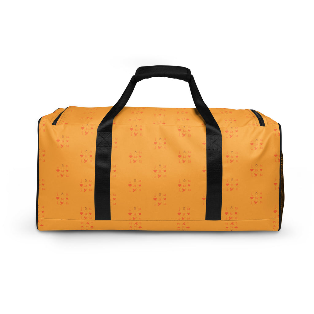 Daemon Luxury Makara Coroner duffle bag with all-over white print, featuring a spacious borsone design for travel or daily use.