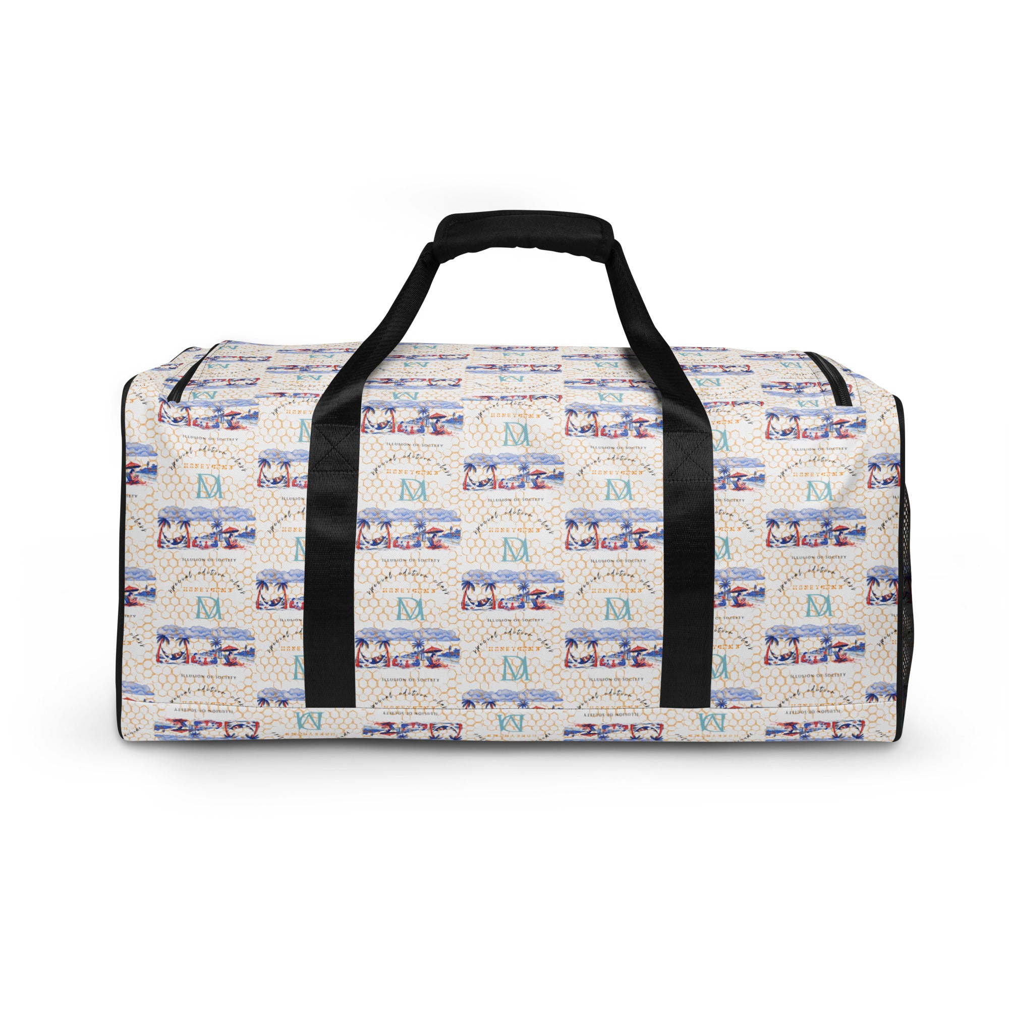 All-over print Honeybee Intel forecast duffle bag by Daemon Luxury with white back and spacious design.