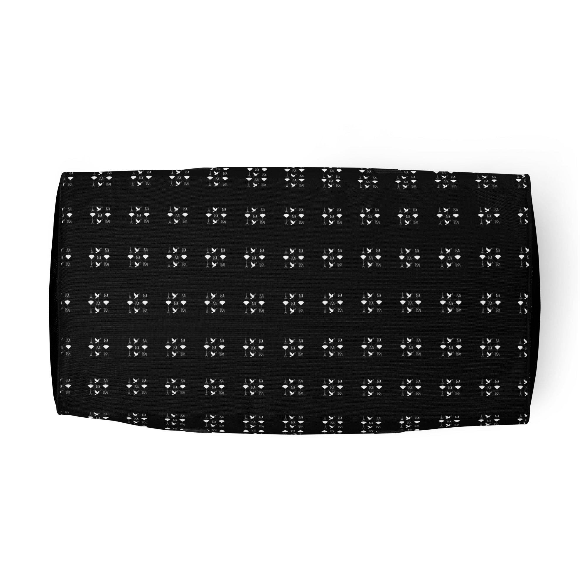 Daemon Makara Coroner borsone duffle bag with all-over print and white bottom, featuring sturdy handles and spacious design.