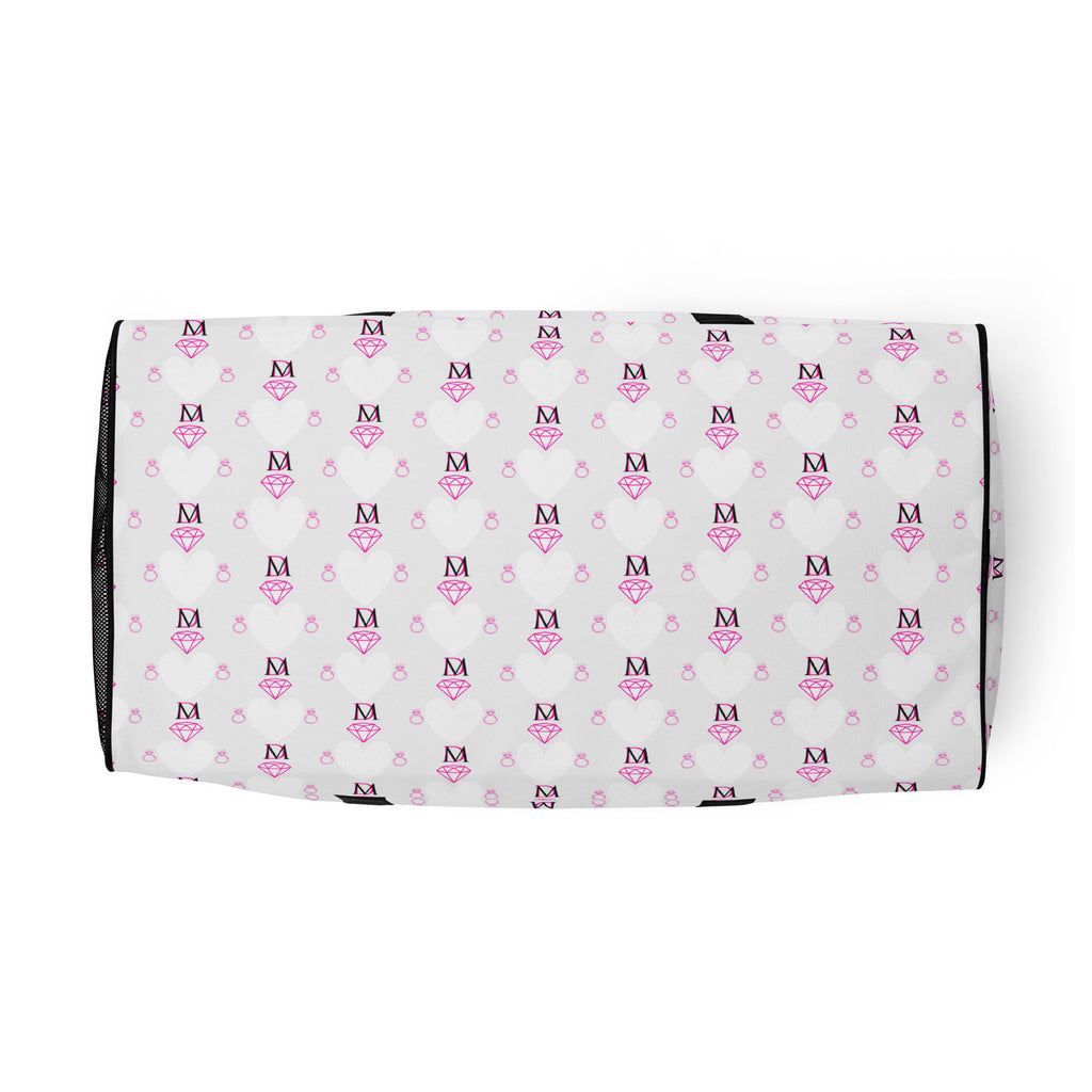 White all-over-print Artica Frosted Hearts duffle bag by Daemon Luxury with a white bottom, stylish and spacious for travel.