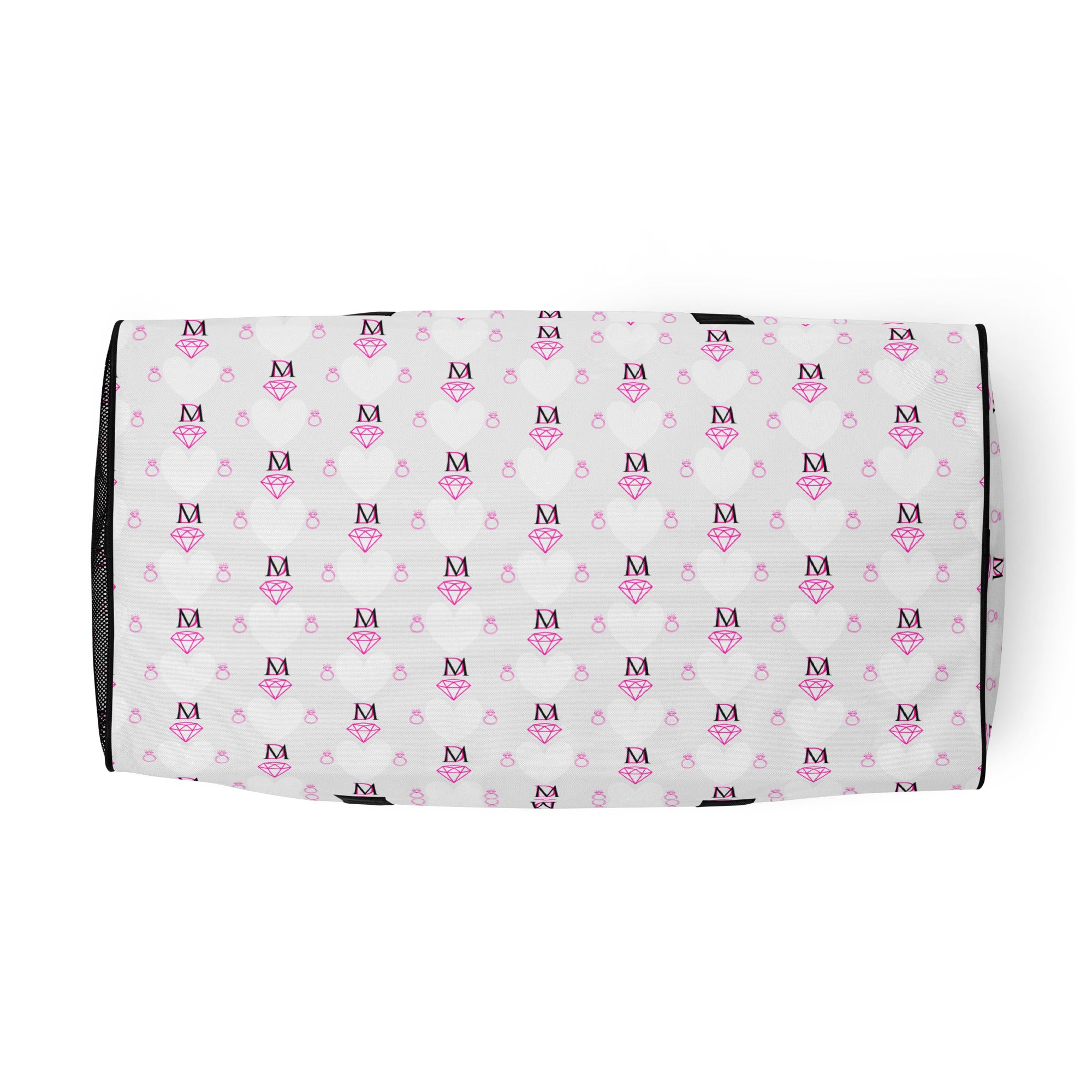 White all-over-print Artica Frosted Hearts duffle bag by Daemon Luxury with a white bottom, stylish and spacious for travel.