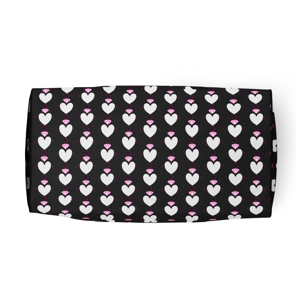 Frosted Hearts Nemesis Borsone duffle bag with all-over print and white bottom, stylish and spacious by Daemon Luxury.