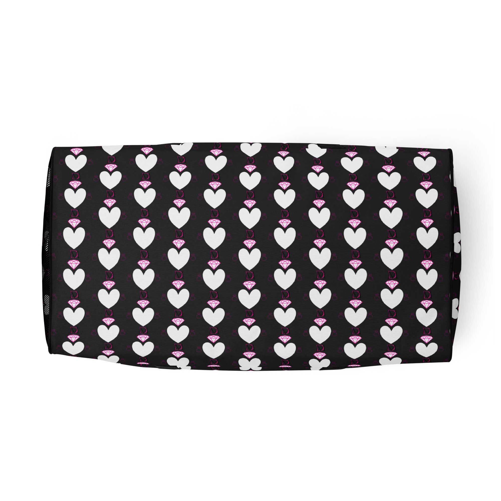 Frosted Hearts Nemesis Borsone duffle bag with all-over print and white bottom, stylish and spacious by Daemon Luxury.