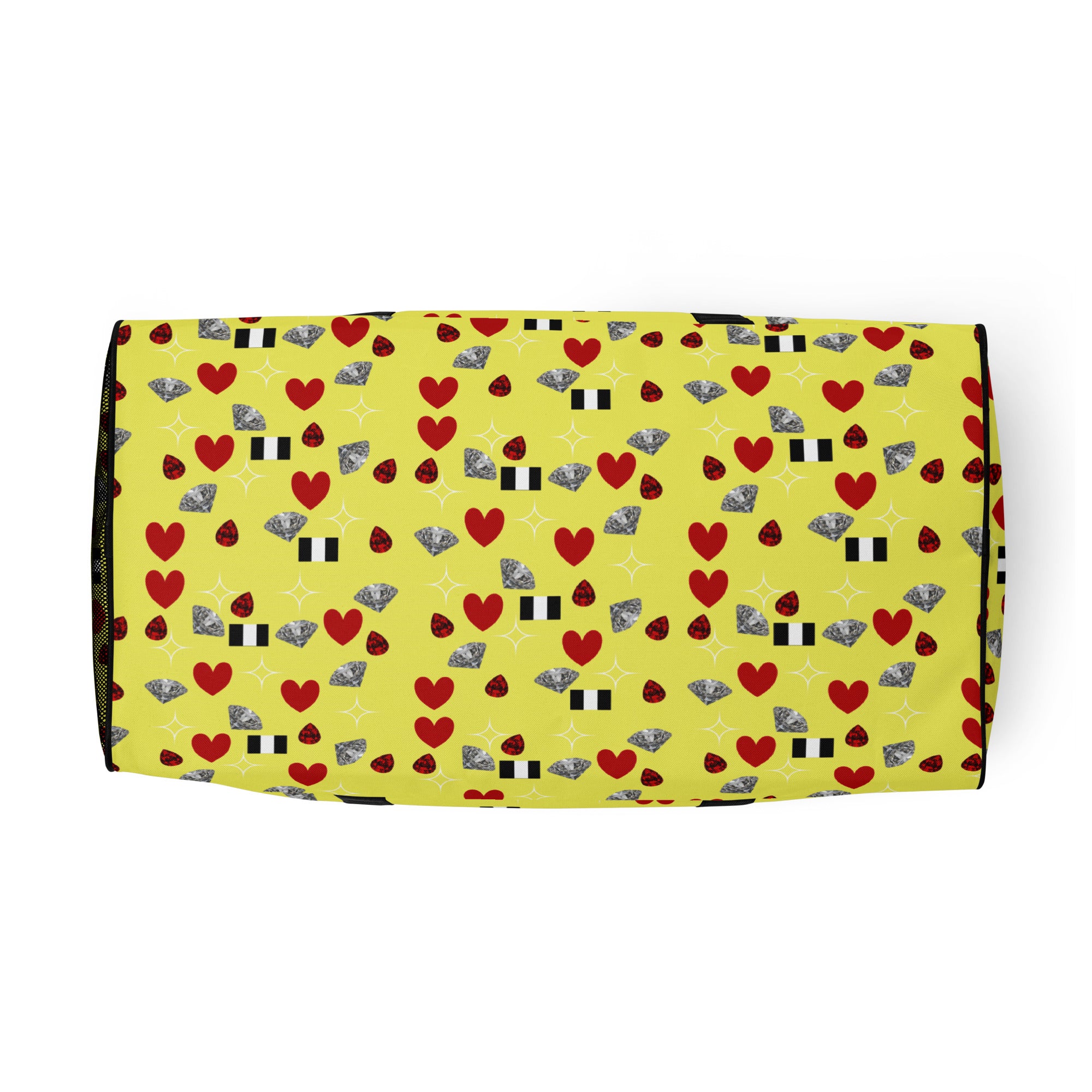 Daemon Luxury Foreigners Luv Solar Butter all-over-print duffle bag with white bottom, featuring vibrant, colorful design.
