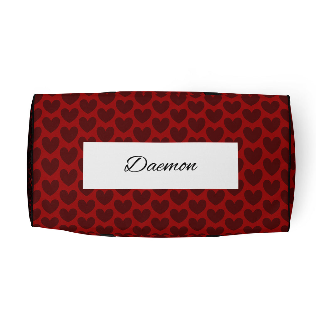 White all-over-print Daemon Luxury Heartfelt Borsone duffle bag with white bottom, stylish and spacious for travel or gym use.