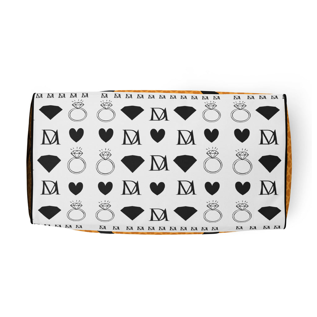 Heartfelt Artica Blizzard duffle bag by Daemon Luxury with all-over white and colorful lucciole design and sturdy handles.