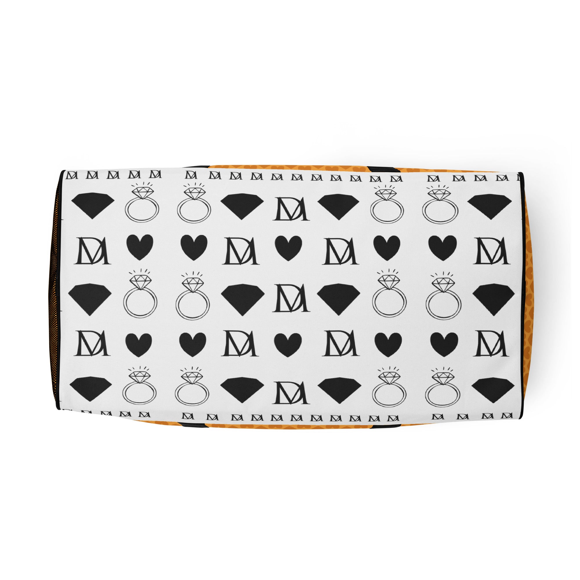 Heartfelt Artica Blizzard duffle bag by Daemon Luxury with all-over white and colorful lucciole design and sturdy handles.