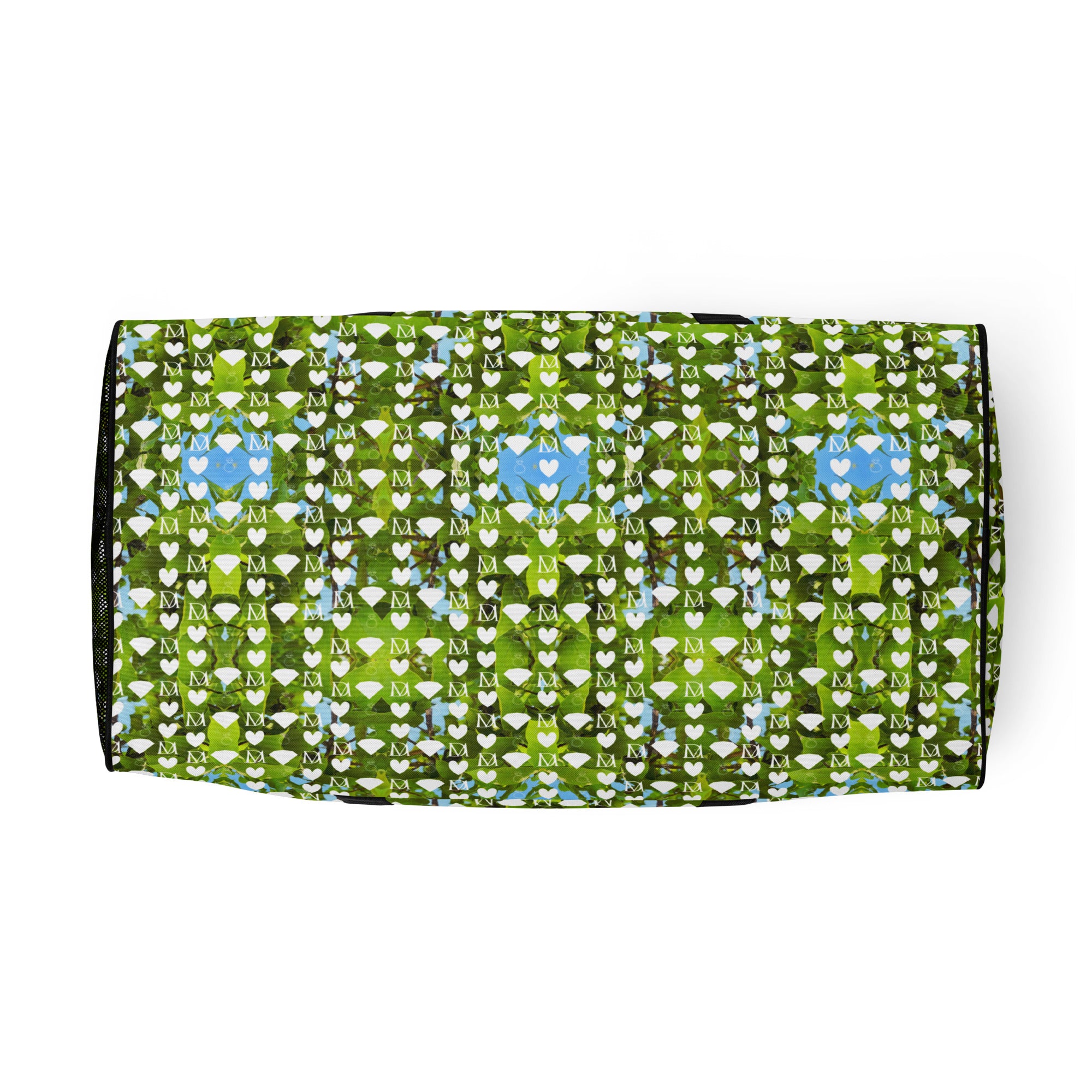 Daemon Luxury Belly Red’s Garden Rebirth borsone duffle bag with all-over print and white bottom, stylish and spacious for travel.