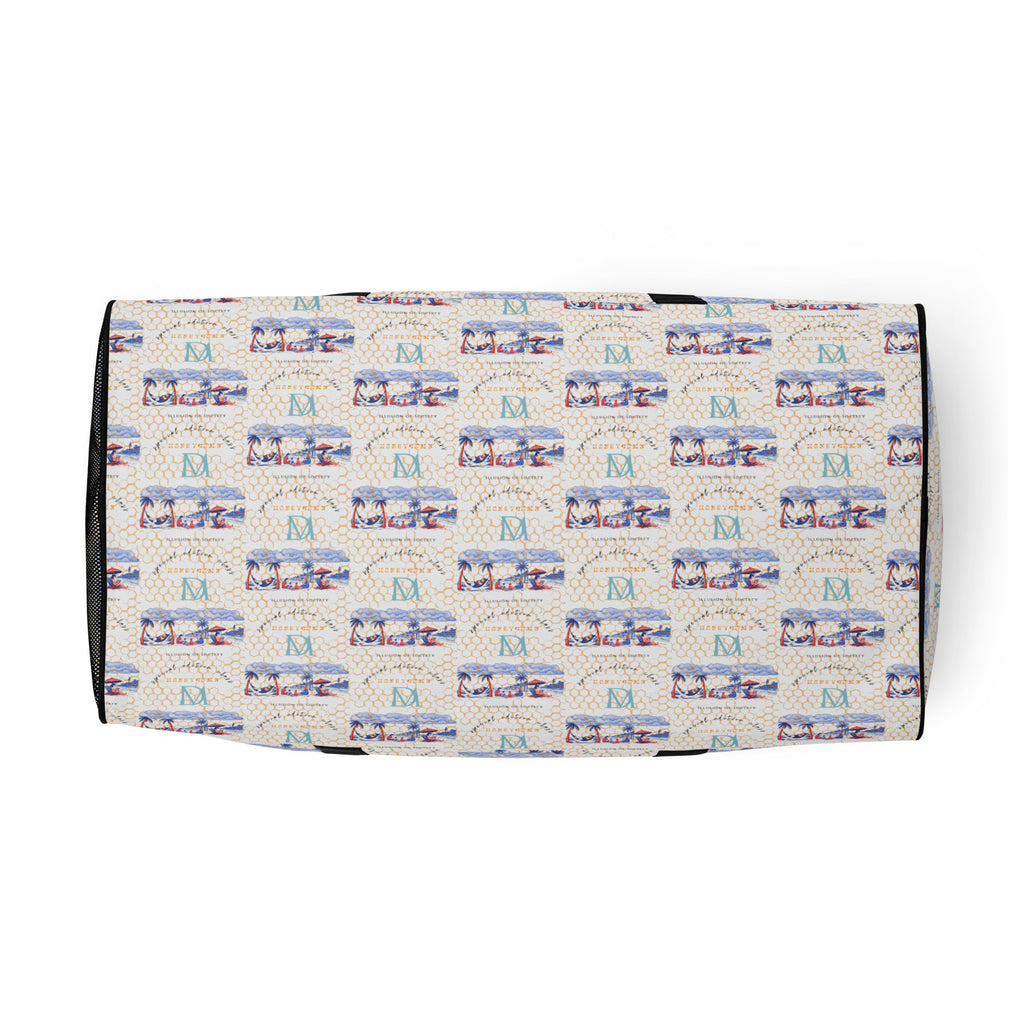 Honeybee Intel forecast duffle bag by Daemon Luxury with all-over print and white bottom, stylish and spacious for travel or gym use.