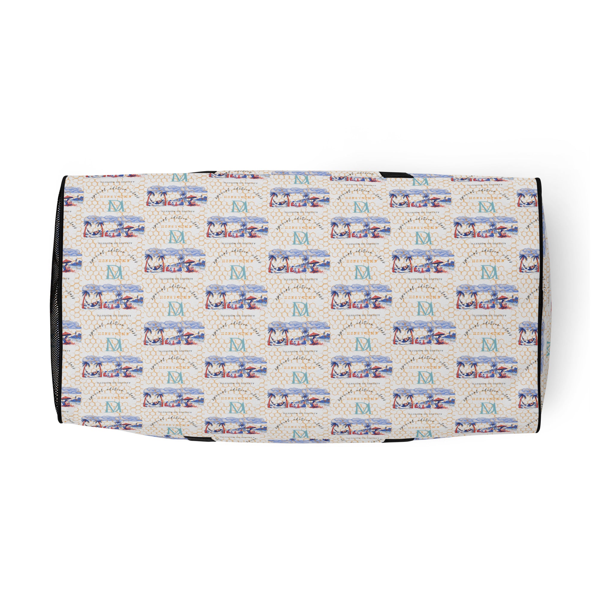 Honeybee Intel forecast duffle bag by Daemon Luxury with all-over print and white bottom, stylish and spacious for travel or gym use.
