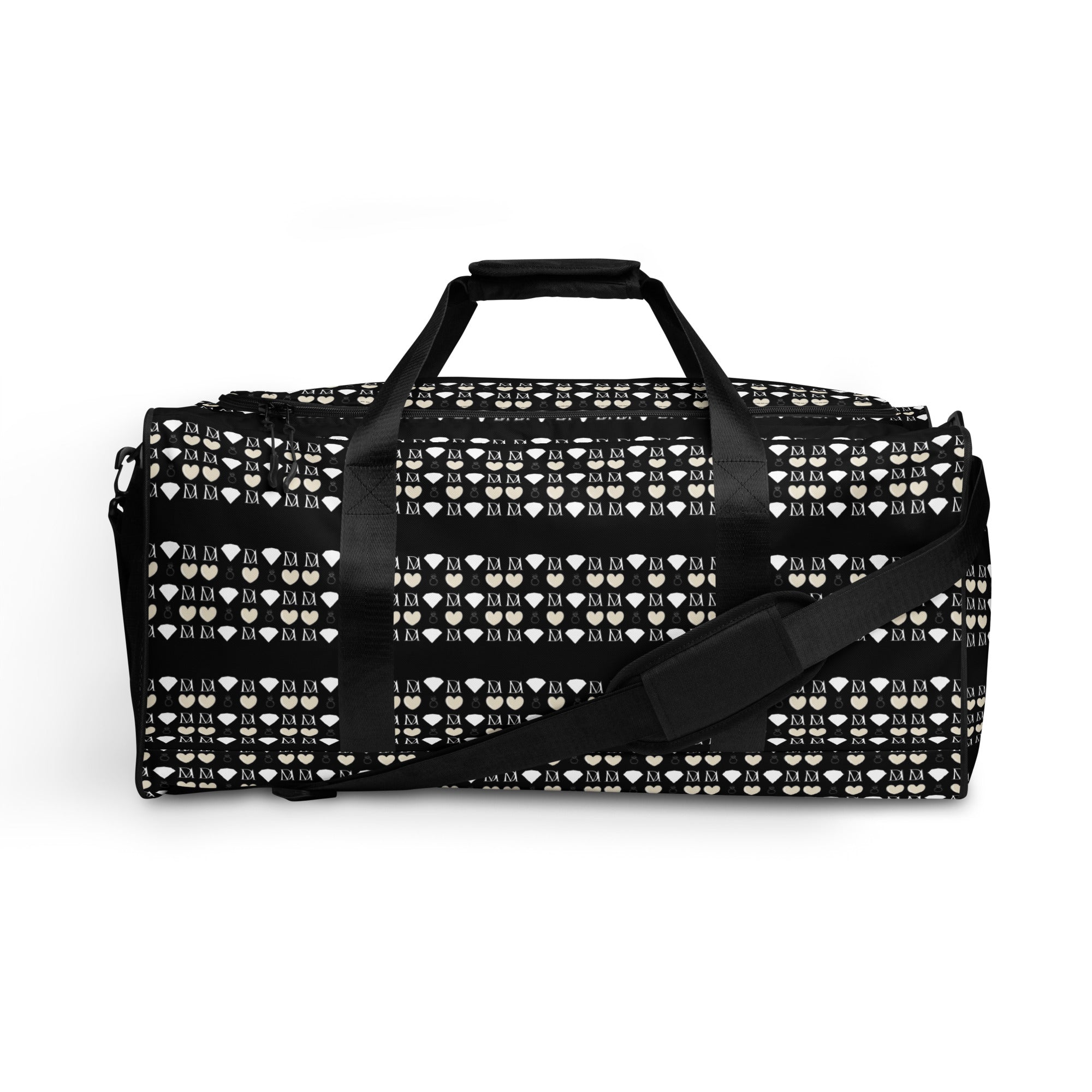 Daemon Frosted Diamonds Rich Love all-over-print duffle bag with white background, featuring a colorful diamond pattern.