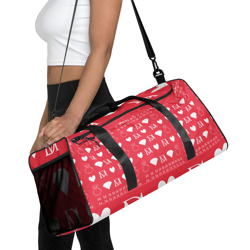 Daemon Frosted Diamonds La Flame duffle bag with all-over white print, showcasing a stylish and spacious design for travel or gym use.