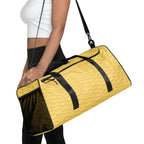 White Pacifica Solar Butter all-over-print duffle bag by Daemon Luxury with bold, colorful design on front.