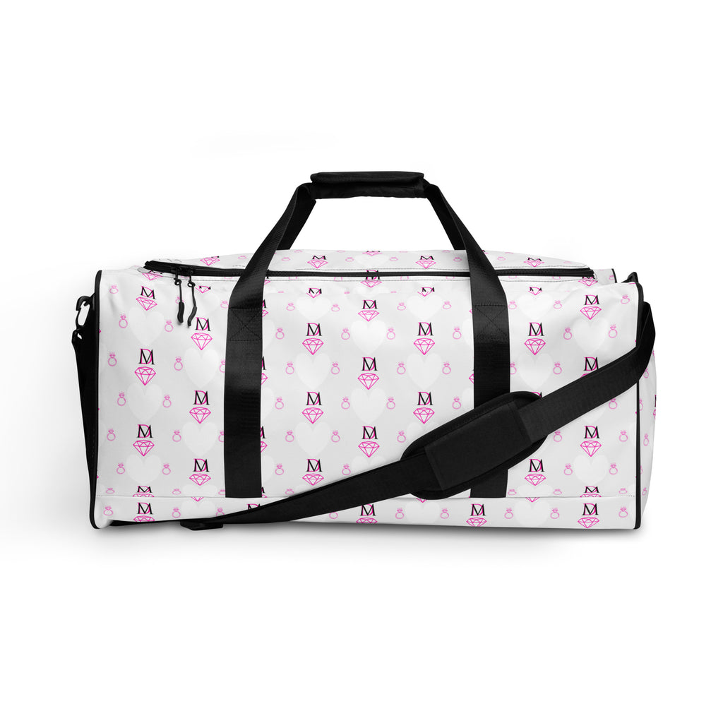 White frosted hearts all-over print duffle bag by Daemon Luxury, stylish and spacious with a sleek design.