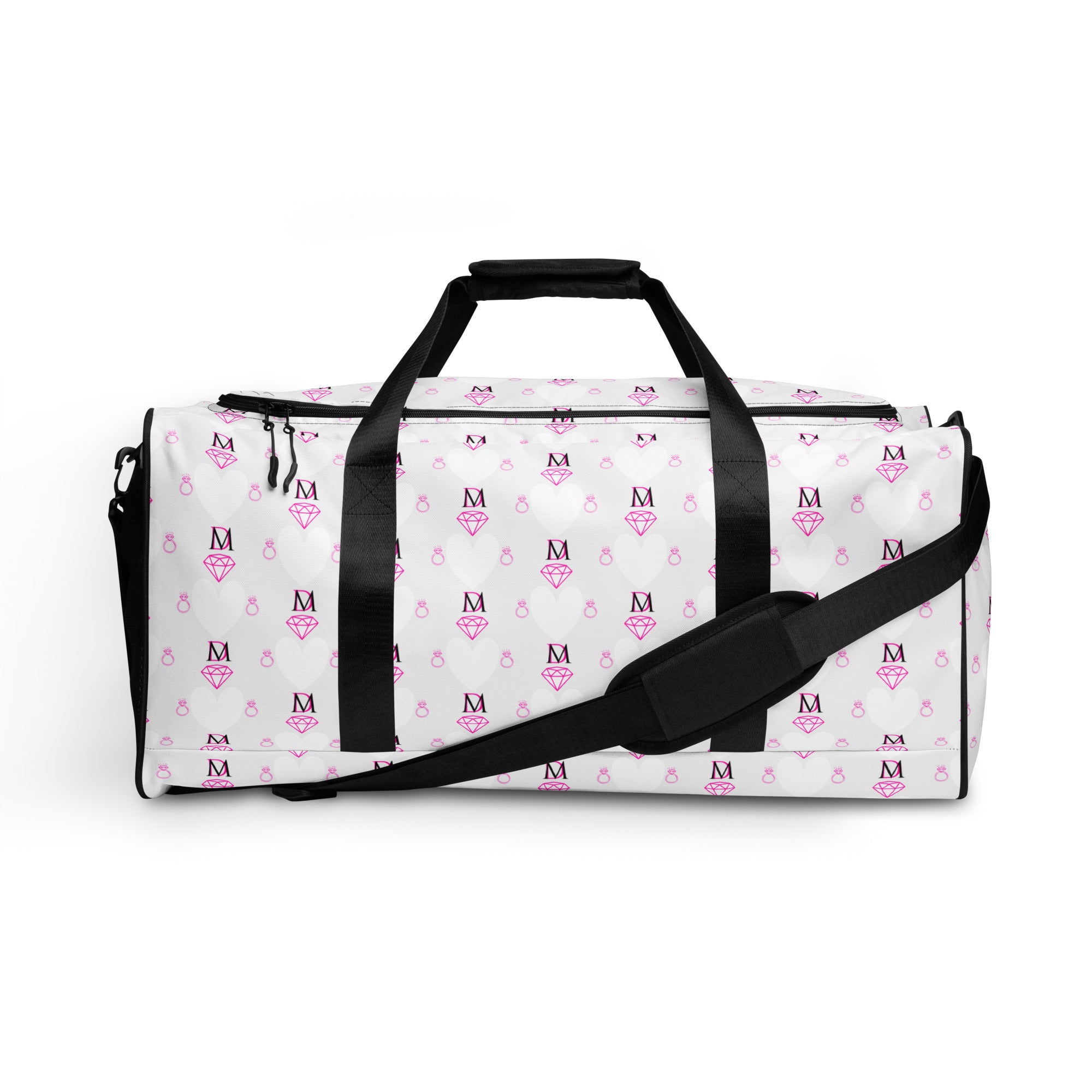 White frosted hearts all-over print duffle bag by Daemon Luxury, stylish and spacious with a sleek design.