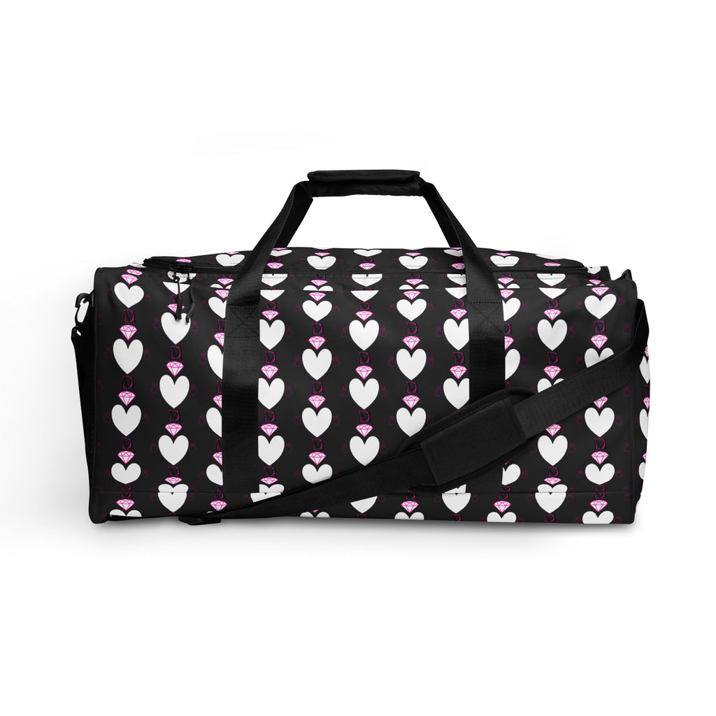Frosted Hearts Nemesis Borsone duffle bag with all-over white print, by Daemon Luxury, showing front view with handles and design details.