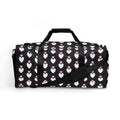Frosted Hearts Nemesis Borsone duffle bag with all-over white print, by Daemon Luxury, showing front view with handles and design details.