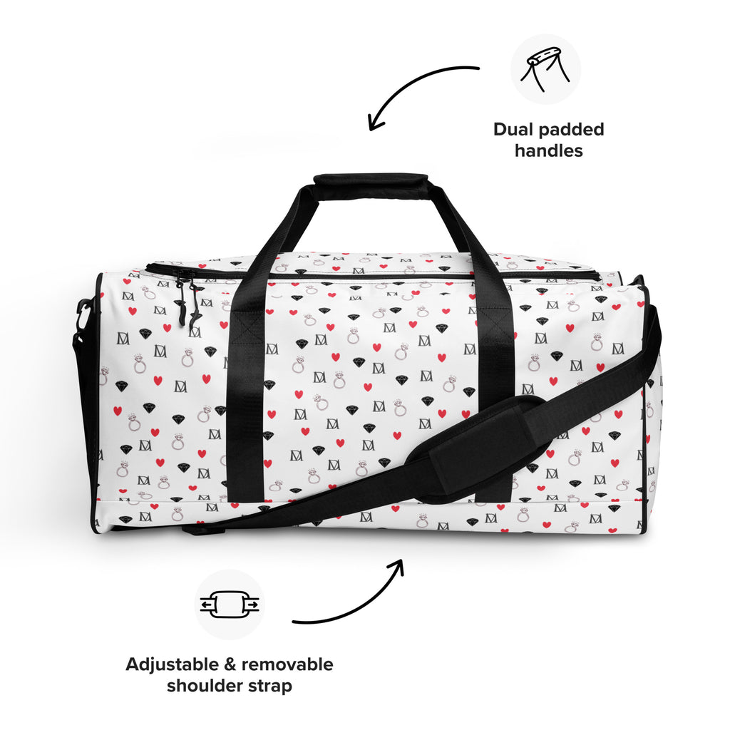 White Daemon Luxury Speckled Diamonds Artica Blizzard duffle bag with all-over print, durable fabric, and spacious design for travel.