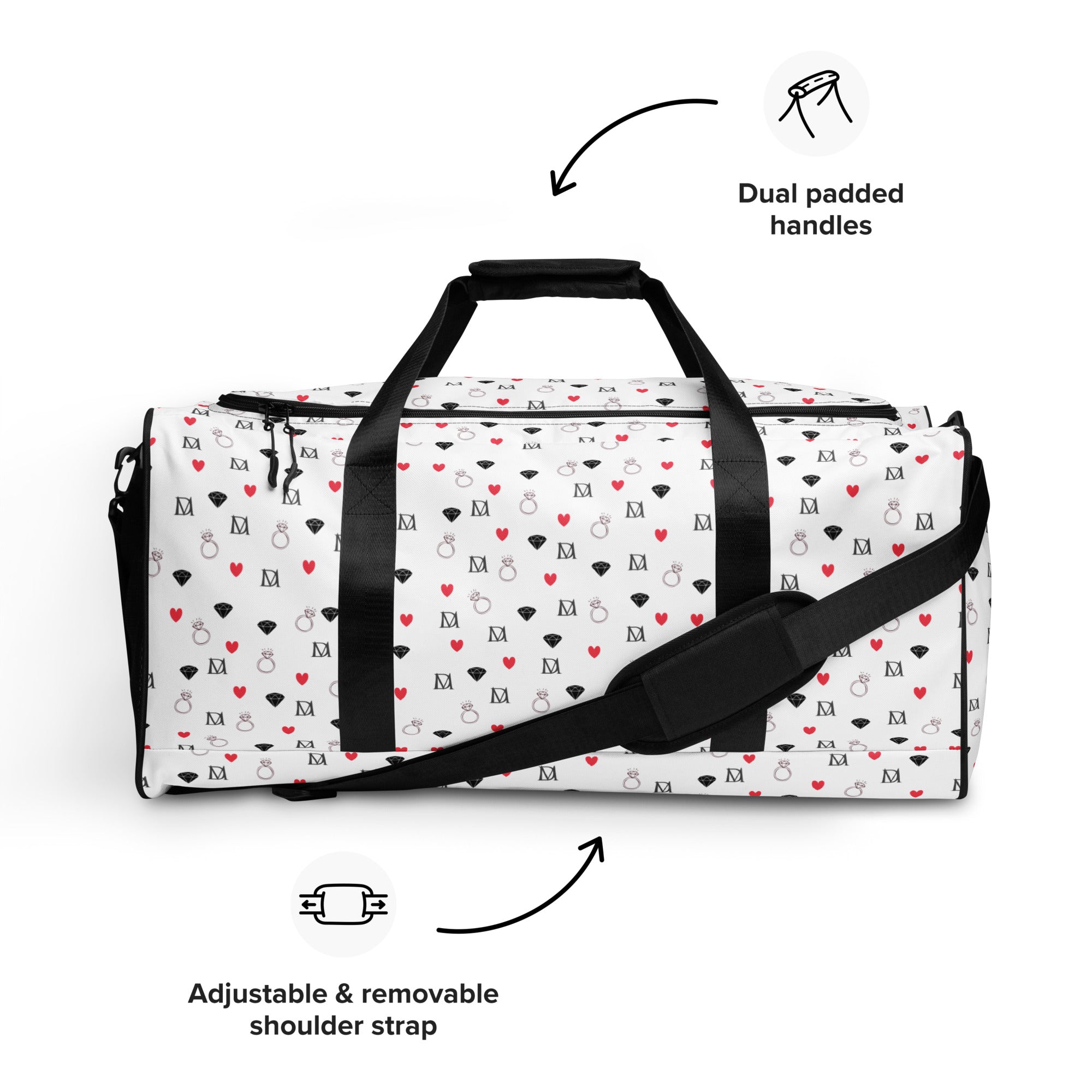 White Daemon Luxury Speckled Diamonds Artica Blizzard duffle bag with all-over print, durable fabric, and spacious design for travel.