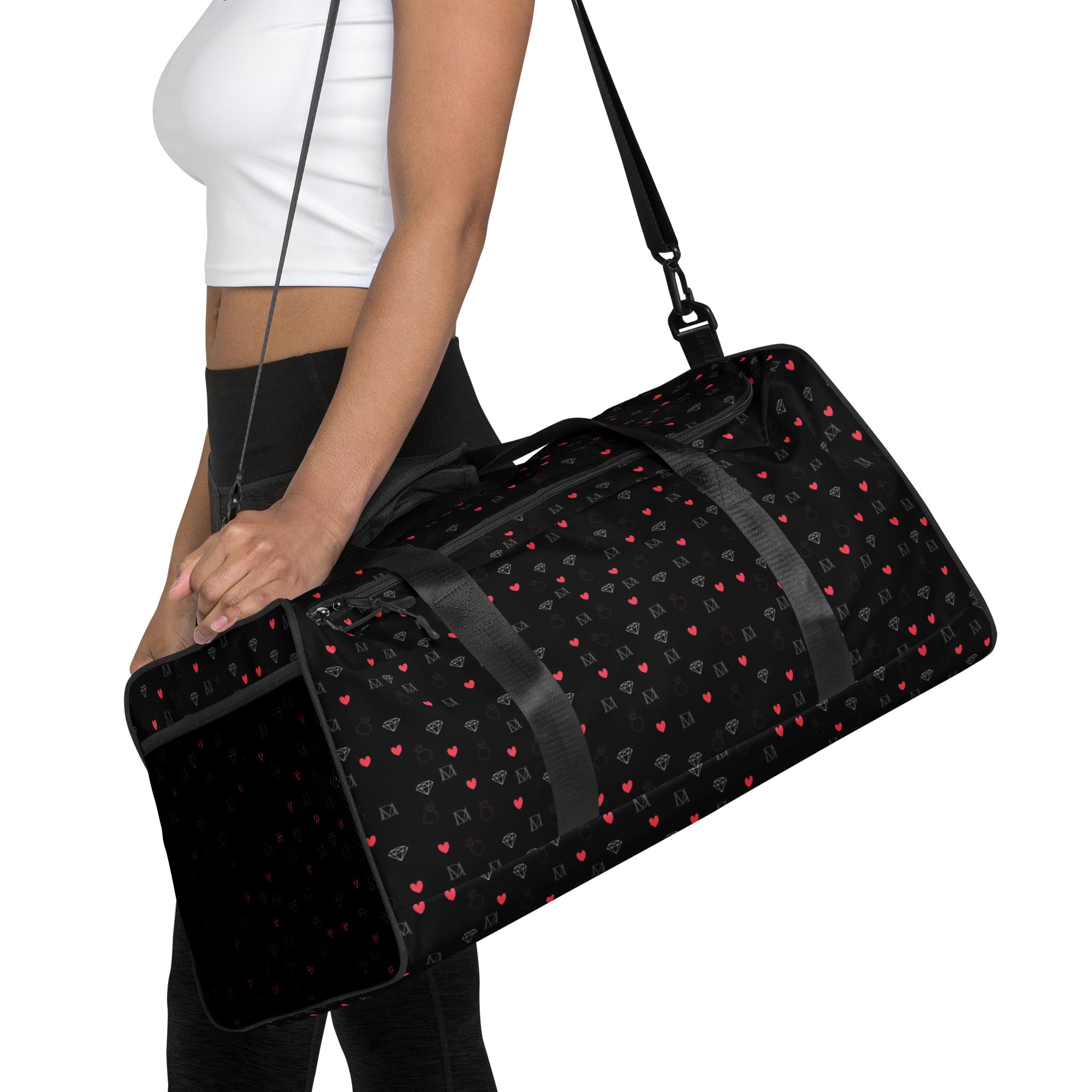 Daemon Luxury Speckled Diamonds NEMESIS duffle bag with all-over white print, featuring a spacious design and stylish pattern.
