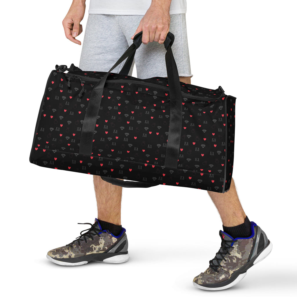 White Daemon Luxury Speckled Diamonds (NEMESIS) duffle bag with all-over print and shoulder strap, stylish and spacious travel accessory.