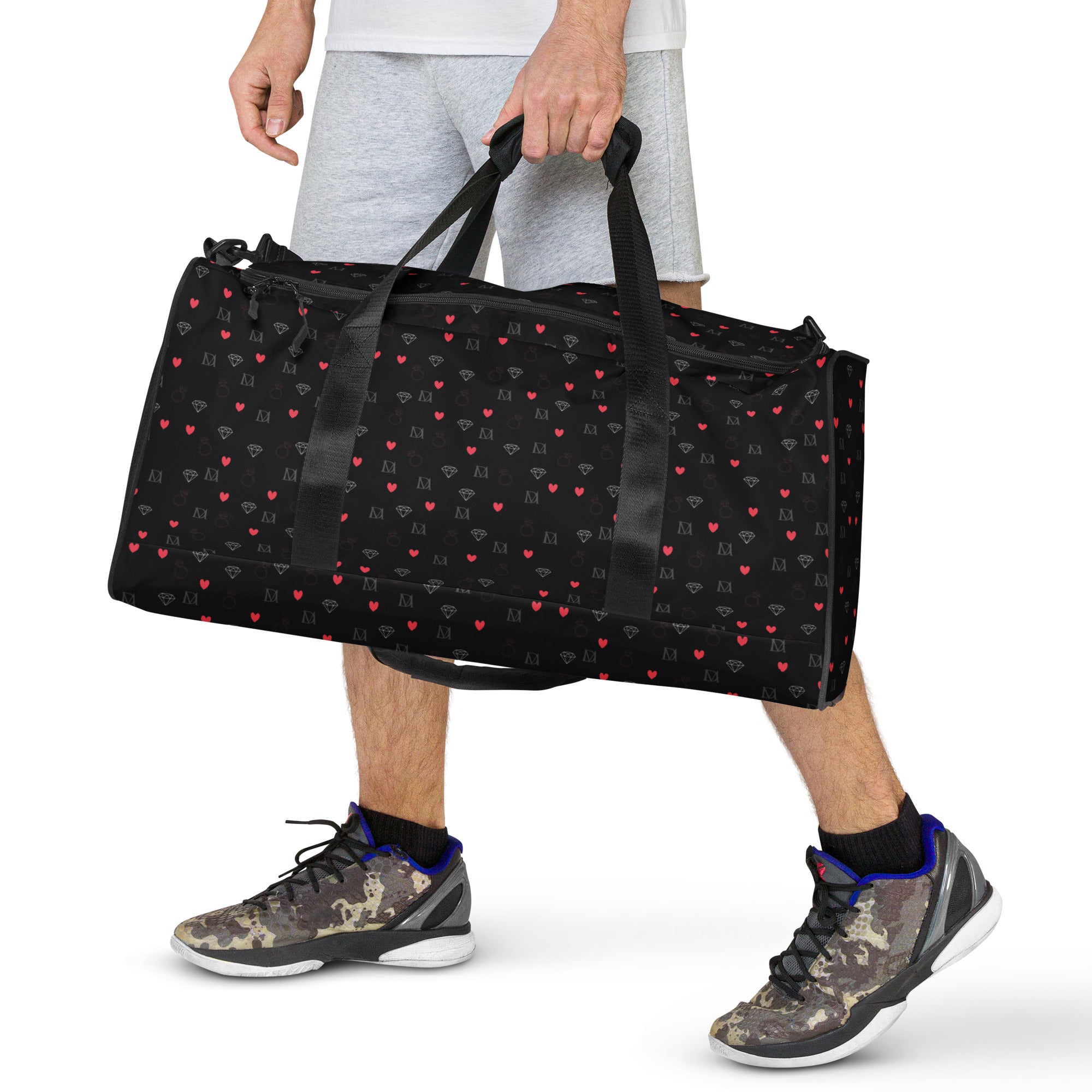 White Daemon Luxury Speckled Diamonds (NEMESIS) duffle bag with all-over print and shoulder strap, stylish and spacious travel accessory.