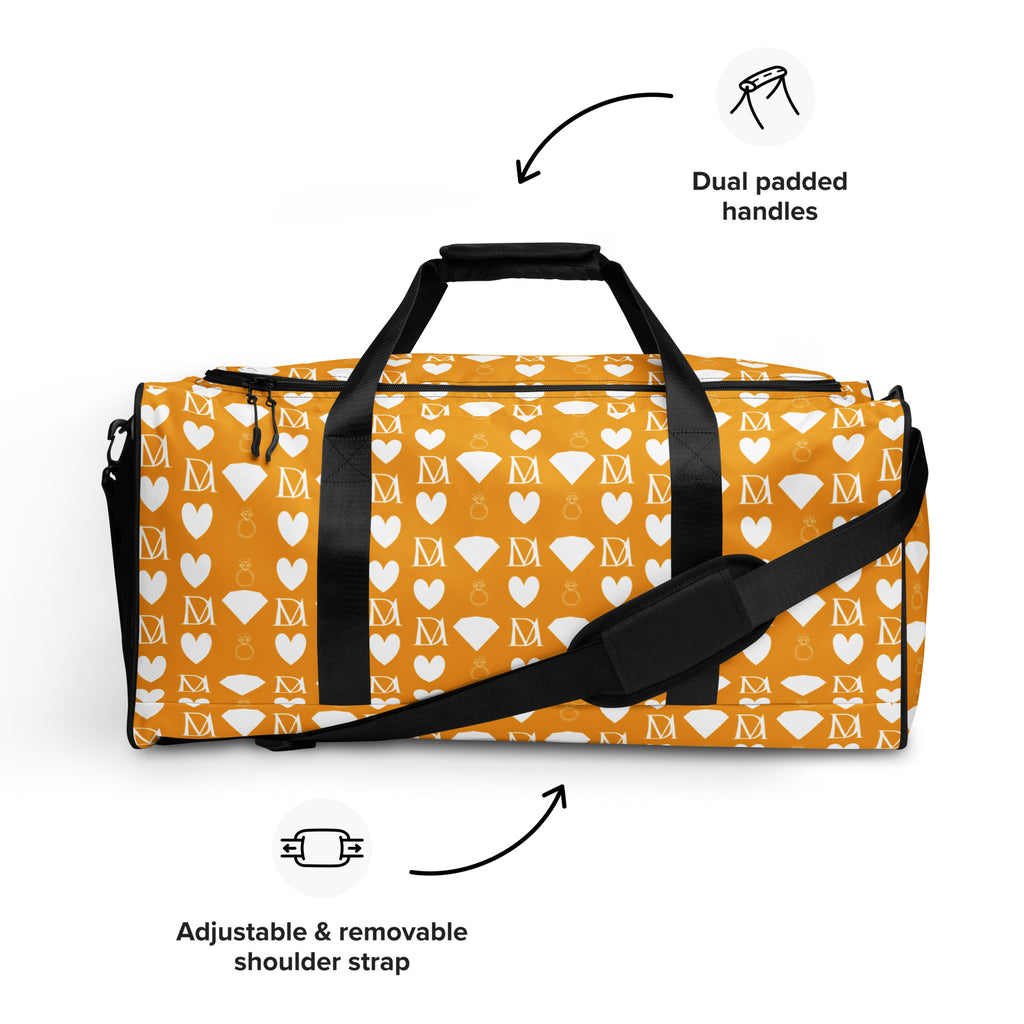 White all-over-print duffle bag featuring Frosted Diamonds design by Daemon Luxury with bold, geometric patterns.