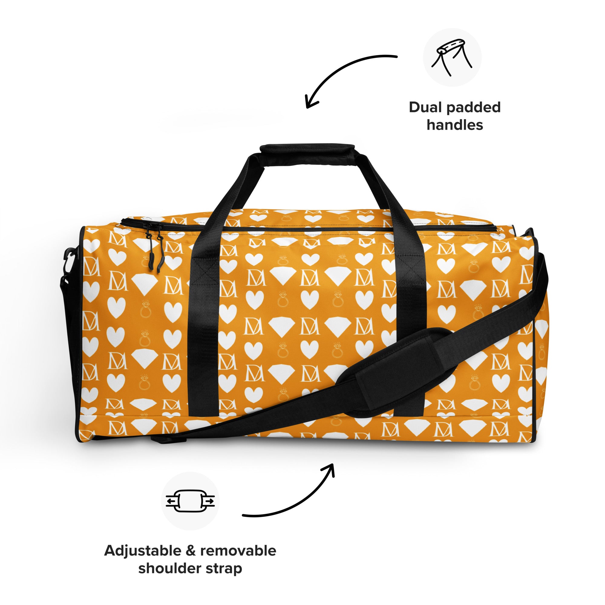 White all-over-print duffle bag featuring Frosted Diamonds design by Daemon Luxury with bold, geometric patterns.