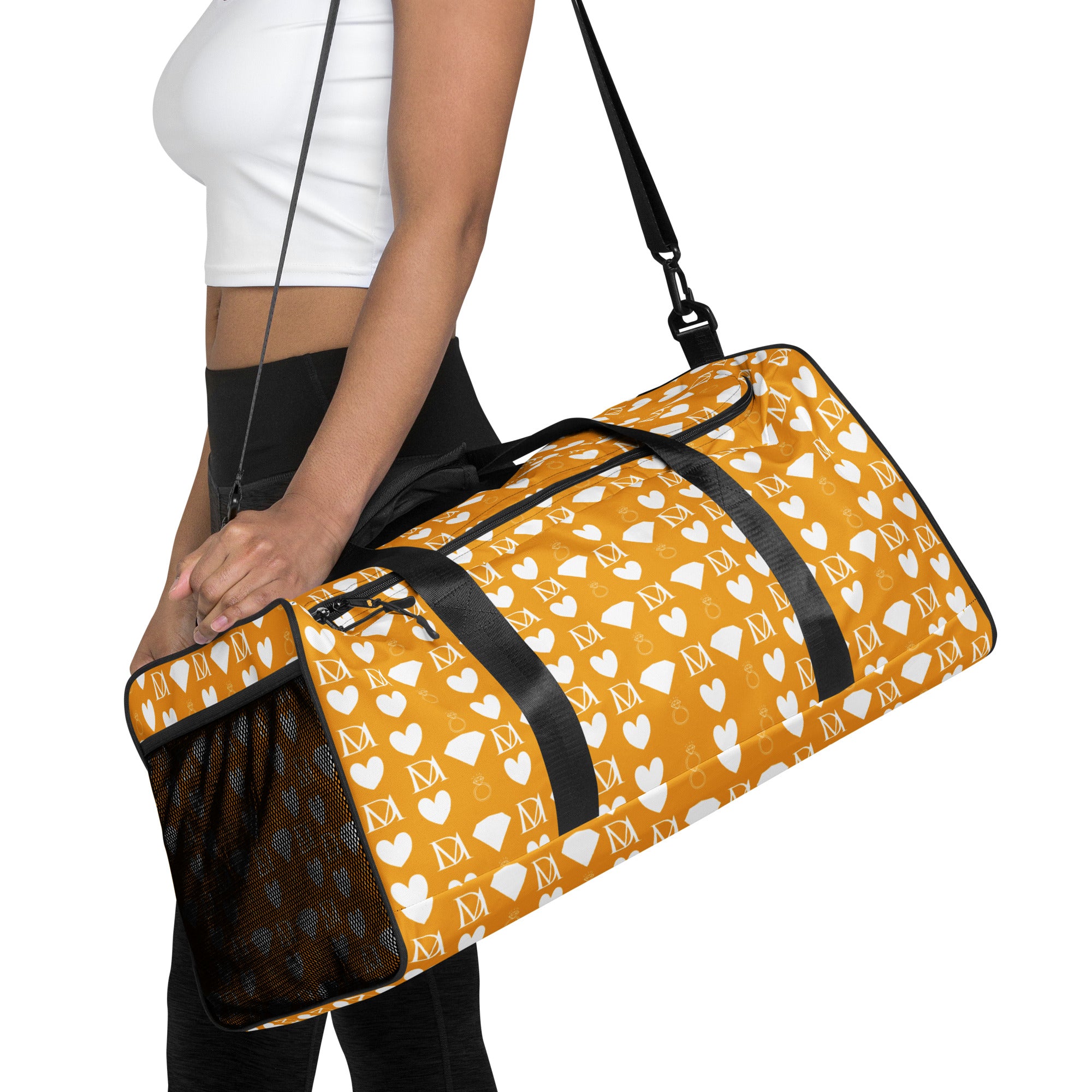 Daemon Luxury Frosted Diamonds all-over-print duffle bag with white background and vibrant diamond pattern design.