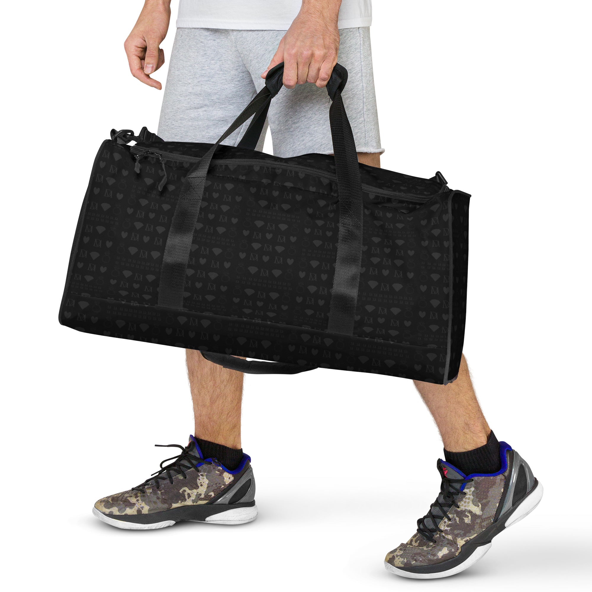 White all-over print duffle bag with frosted diamond pattern from Daemon Luxury's Platinum Dim collection.