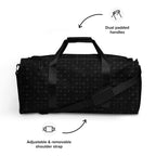 White dazzle all-over-print duffle bag featuring frosted diamond design by Daemon Luxury, platinum accents, and durable fabric.