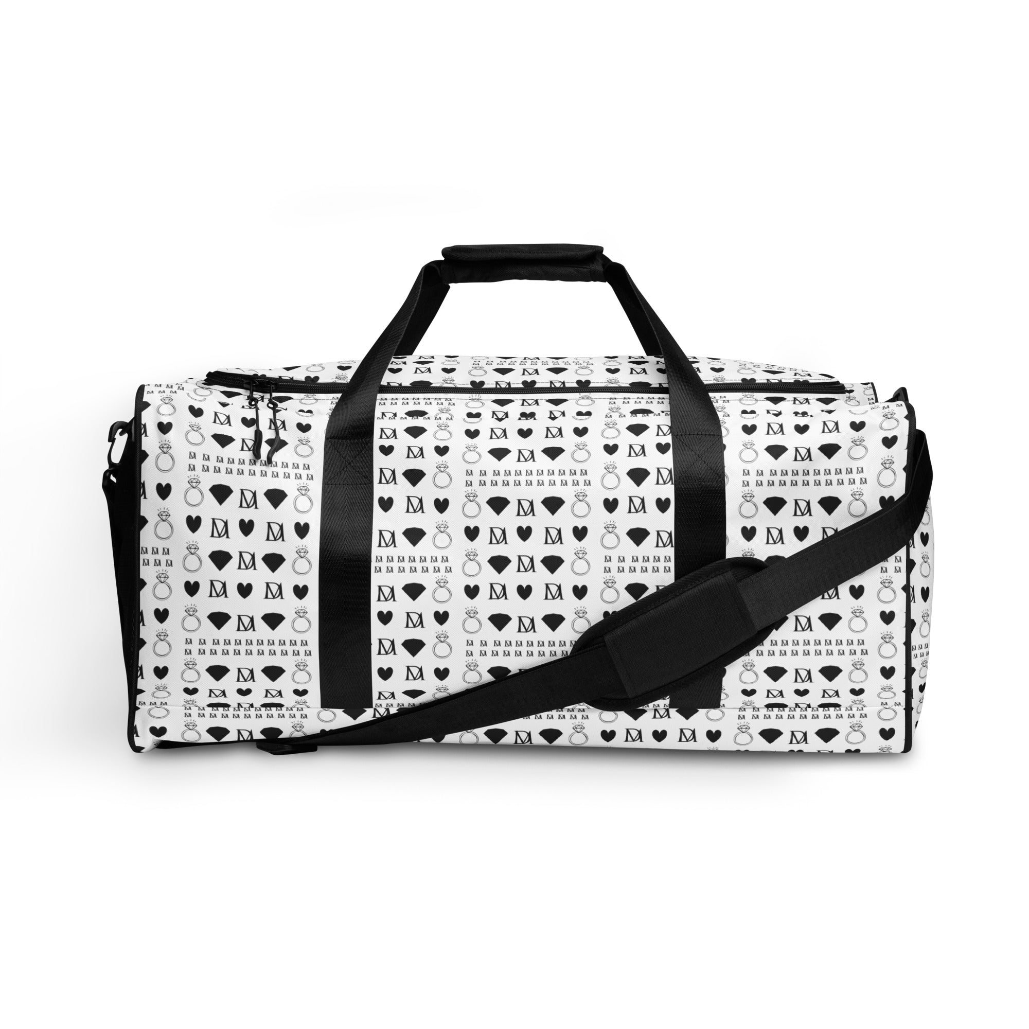 Daemon Luxury Dim Diamonds Artica Nero duffle bag with all-over black and white diamond pattern, front view.