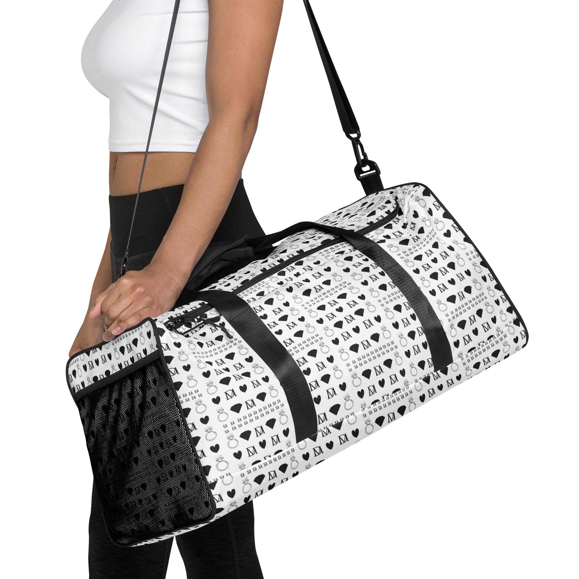 Daemon Luxury Dim Diamonds Artica Nero duffle bag with all-over black diamond print and white background, stylish travel accessory.
