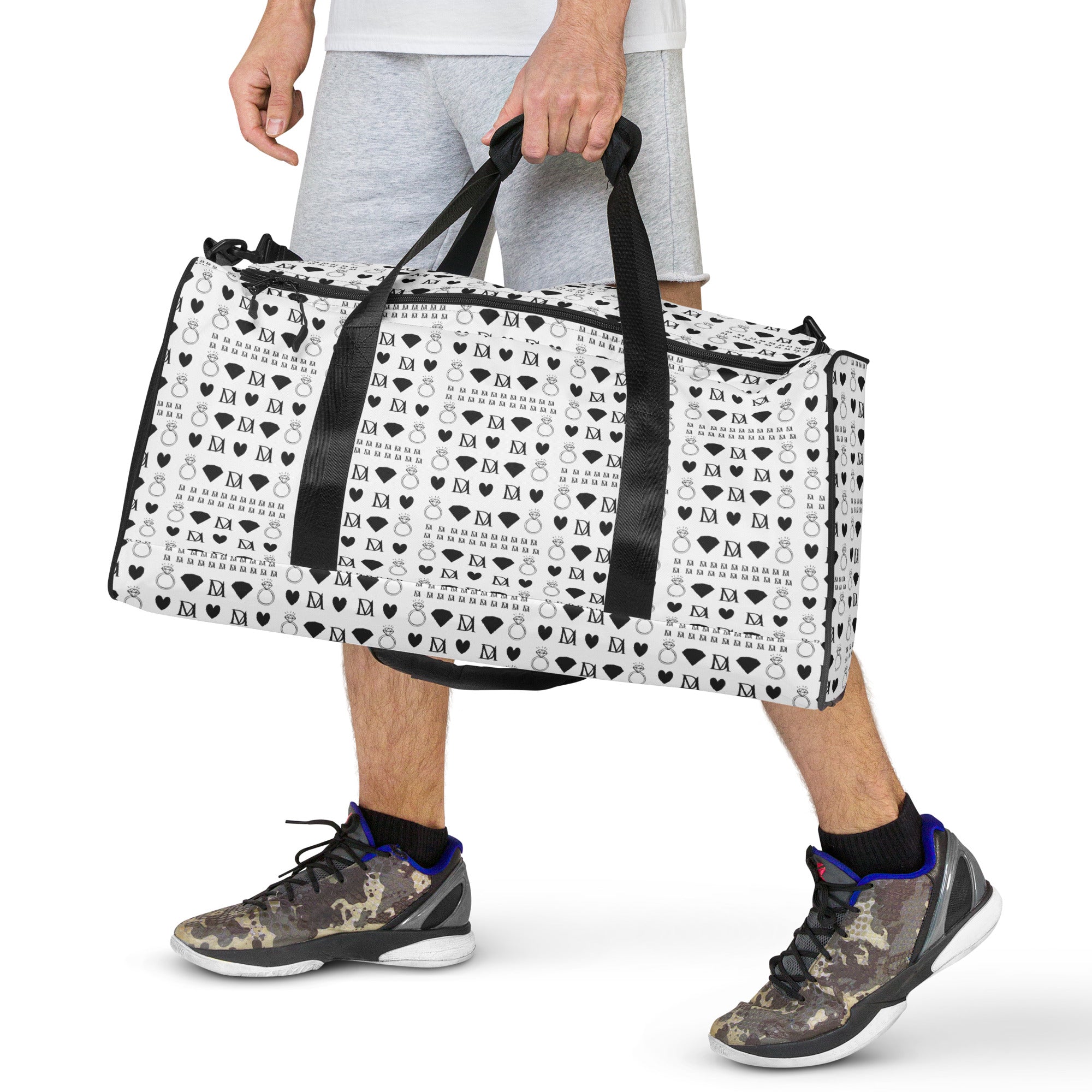 White Daemon Luxury Dim Diamonds Artica Nero duffle bag with all-over diamond print, designed for stylish travel and storage.