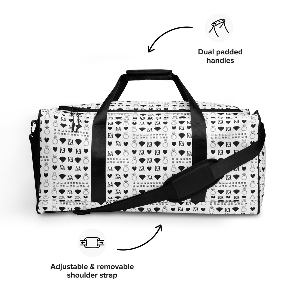 All-over print white Daemon Luxury Dim Diamonds Artica Nero duffle bag with bold diamond pattern on front.