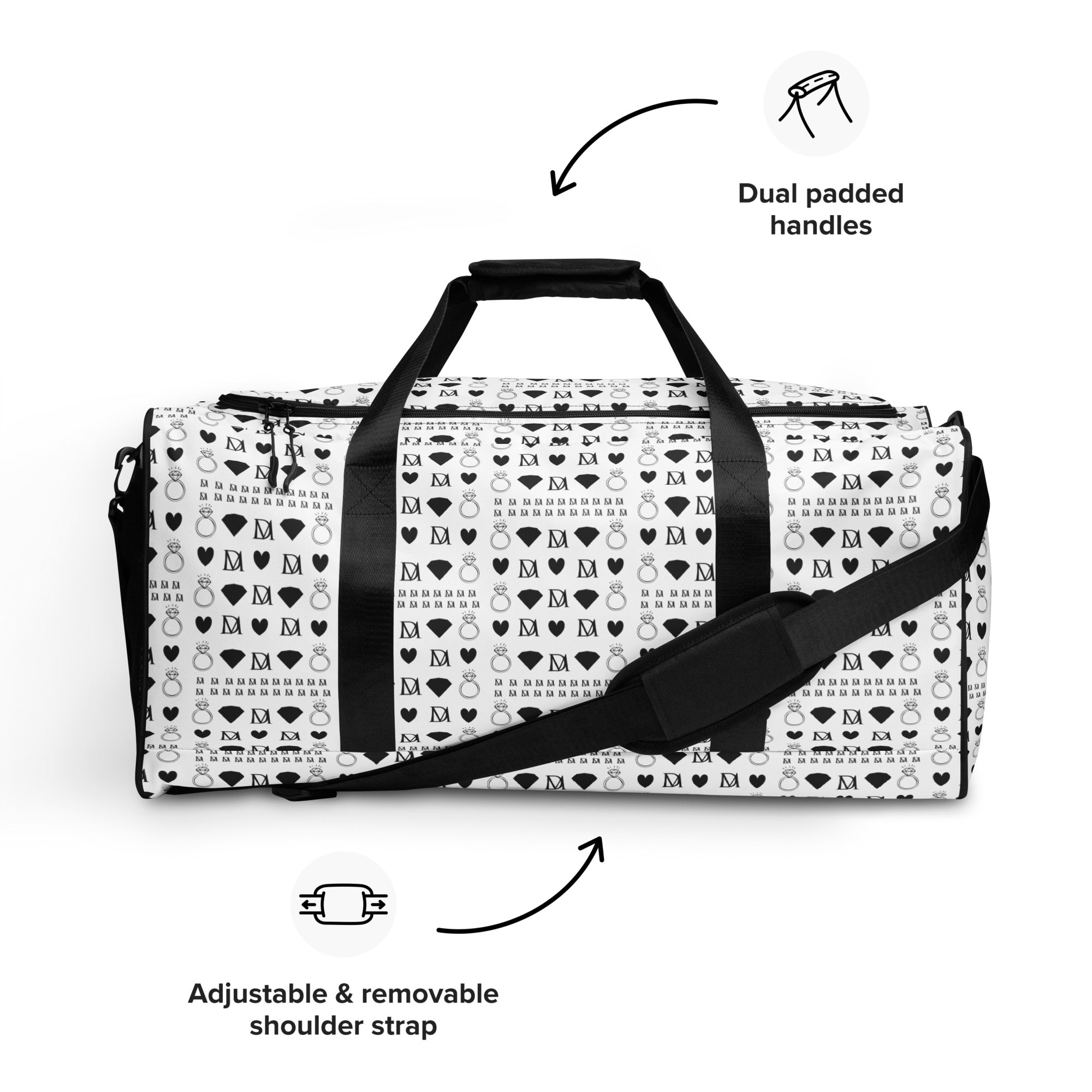 All-over print white Daemon Luxury Dim Diamonds Artica Nero duffle bag with bold diamond pattern on front.
