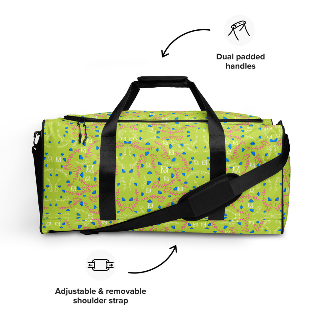 Daemon Luxury Picasso Mirrors Seven Seas Ave Borsone duffle bag with all-over white print, showcasing spacious travel storage and stylish design.