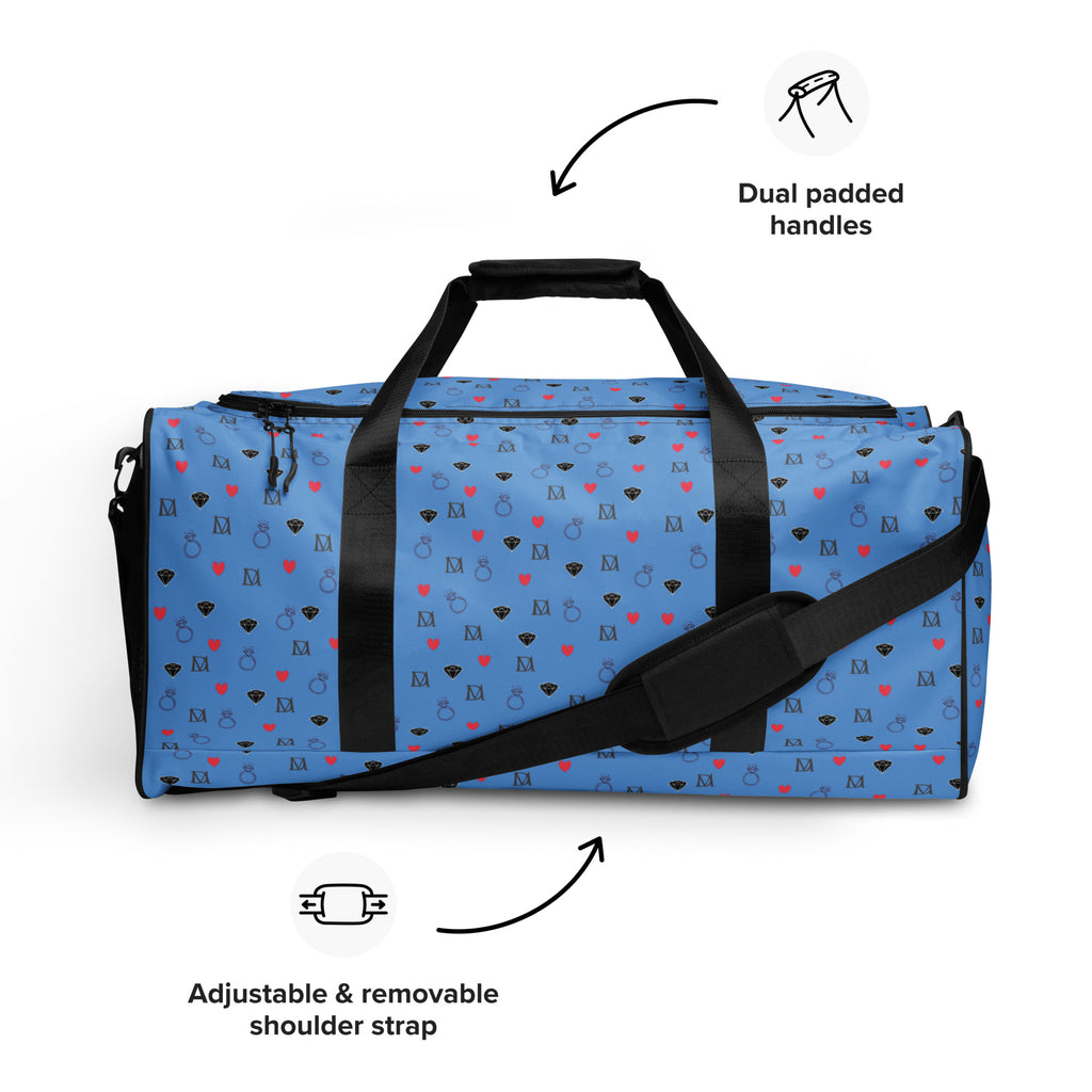 Daemon Luxury speckled diamonds all-over-print duffle bag in white with black and gray diamond pattern on front.