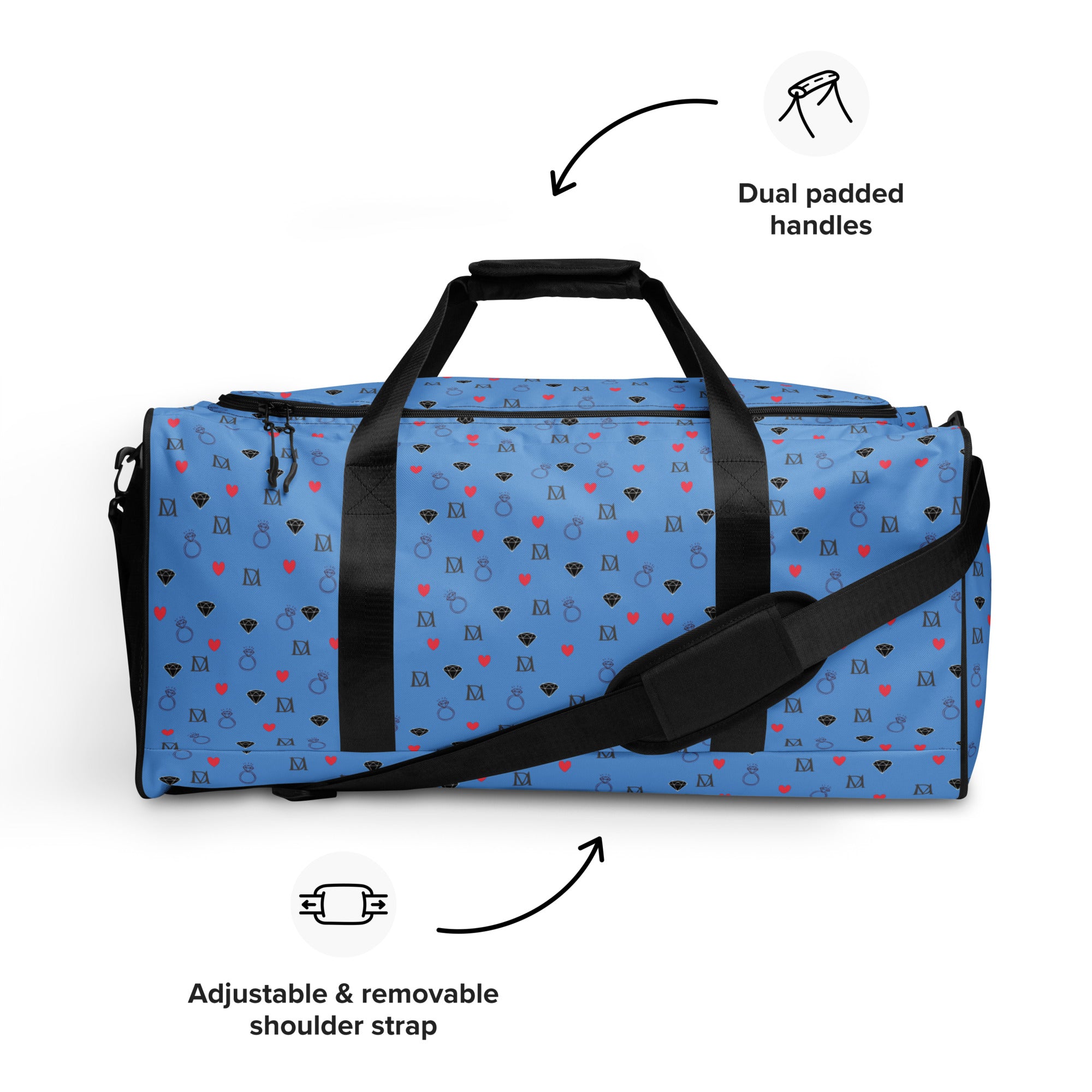 Daemon Luxury speckled diamonds all-over-print duffle bag in white with black and gray diamond pattern on front.