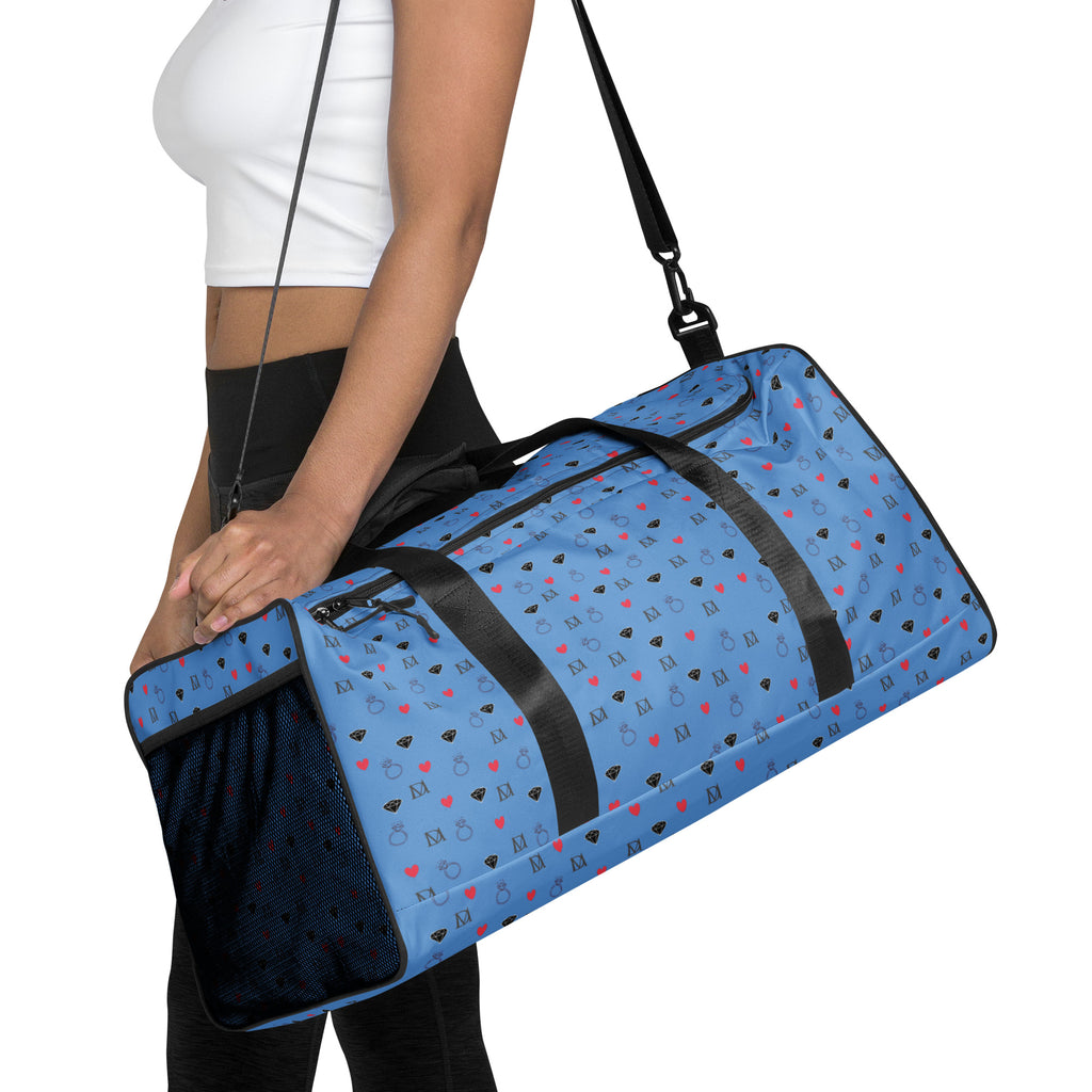 Daemon Luxury Speckled Diamonds Minno Harbor all-over print duffle bag in white, showcasing a stylish, patterned design.