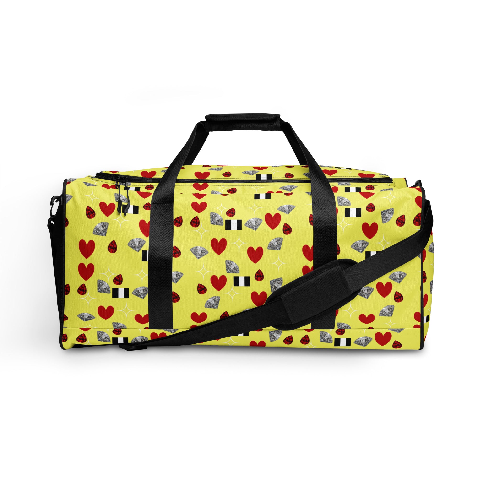 Daemon Luxury Foreigners Luv Solar Butter all-over-print duffle bag in white with bold graphic design on front.