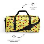White all-over-print duffle bag featuring the Foreigners Luv Solar Butter design by Daemon Luxury.