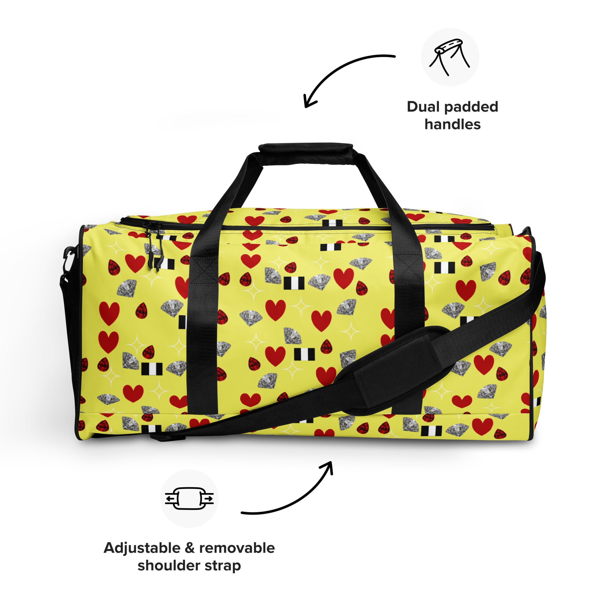 White all-over-print duffle bag featuring the Foreigners Luv Solar Butter design by Daemon Luxury.